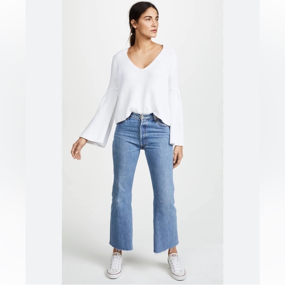 Free People - Damsel Cable Knit Cropped Pullover V-Neck Bell Sleeve White Size S